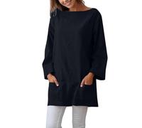 Camiseta casual de lino con cuello barco, manga larga, holgada, color liso, blusa larga con bolsillos, Negro , S