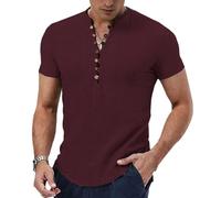 Camiseta casual de lino para hombre, color liso, transpirable, holgada, clásica, con botones, de manga corta, rosso, S