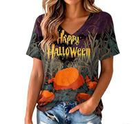 Camiseta casual de manga corta con cuello en V y estampado de fantasmas de Halloween para mujer, Gris-c, M