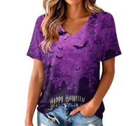 Camiseta casual de manga corta con cuello en V y estampado de fantasmas de Halloween para mujer, Morado-c, M