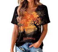Camiseta casual de manga corta con cuello en V y estampado de fantasmas de Halloween para mujer, Naranja-C, M