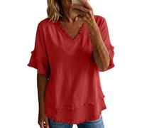 Camiseta casual de manga corta con volantes y cuello en V para mujer, ajuste holgado, estilo bohemio con dobladillo deshilachado para uso diario y vacaciones, rosso, M