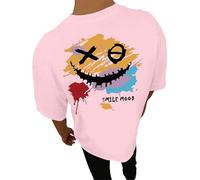 Camiseta casual de manga corta para hombre con cuello redondo y estampado de letras, Rosa., XXS