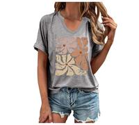 Camiseta casual de manga corta para mujer, cuello en V, estampado floral, camiseta holgada de música country, ropa sexy, gris, L