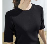 Camiseta casual de manga media con cuello redondo para mujer, camisetas de color sólido, acanaladas elásticas para ajuste delgado, gris oscuro, talla 3XL (L negro)