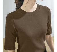 Camiseta casual de media manga para mujer, color sólido, elástico, de punto acanalado, para ajuste delgado, uso diario, vacaciones, fiesta, vino rojo (XL café)