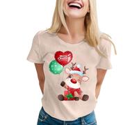 Camiseta casual de moda para mujer, con estampado de reno navideño, manga corta, cuello redondo, peto azul, caqui, S