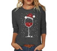 Camiseta casual de moda para mujer con estampado navideño de copa de vino tinto, cuello redondo, manga 3/4, blusas de verano para mujer, gris, L