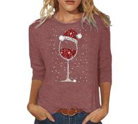 Camiseta casual de moda para mujer con estampado navideño de copa de vino tinto, cuello redondo, manga 3/4, blusas de verano para mujer, Vino, XL
