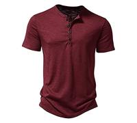 Camiseta casual para hombre, cuello de abuelo Henley, camiseta elegante con medios botones, ajuste ceñido, polo sin cuello, camisetas superiores, rojo vino, S