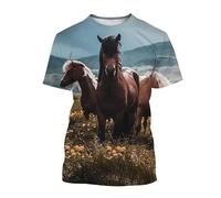 Camiseta Casual para Hombres/Mujeres con Estampado de Animal Lindo Caballo Salvaje Pony impresión 3D Cuello Redondo Manga Corta Estilo pulóver