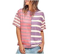 Camiseta casual para mujer a rayas chic camiseta de manga corta transpirable, camiseta ligera de gran tamaño alto, corte extragrande, elegante, alto verano, cómodo, ropa chic, rosa, M