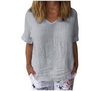 Camiseta casual para mujer Blusas de algodón Lino con cuello redondo de manga corta Camisa amarilla, gris, L