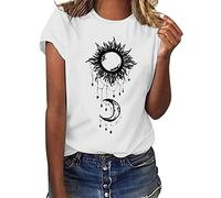 Camiseta casual para mujer, camiseta de Sun Moon Star impresa, blusa con cuello redondo, manga corta, elegante, camiseta amarilla, Blanco, S