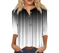 Camiseta casual para mujer con cuello en V, degradado colorido, estampado geométrico, botón, manga blanca, camisetas para mujer, Negro , L