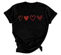 Camiseta casual para mujer, con estampado de corazón y letras para el día de San Valentín, cuello redondo, manga corta, Negro , XL