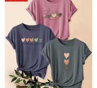 Camiseta casual para mujer con estampado de corazones, estilo retro y cuello , manga corta, deportiva y combinable