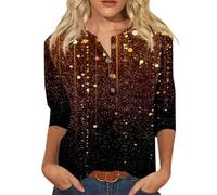 Camiseta casual para mujer, cuello en V, colorida, brillante, geométrica, con botones, manga tres cuartos, para fiesta, elegante, marrón, S