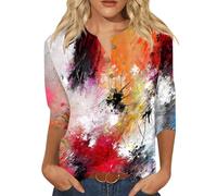 Camiseta casual para mujer, cuello en V, degradado colorido, estampado geométrico, botón, manga 80 años, azul celeste, S
