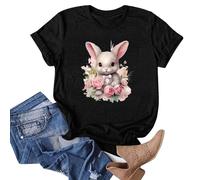 Camiseta casual para mujer, cuello redondo, estampado de conejo, manga corta, peto para mujer, Negro , S