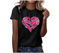 Camiseta casual para mujer, cuello redondo, manga corta, con estampado de corazones, para San Valentín, Negro , XXL