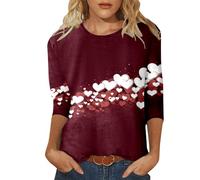 Camiseta casual para mujer, cuello redondo, manga tres cuartos, estampado de San Valentín, camiseta casual azul claro para mujer, Vino, XXL