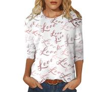 Camiseta casual para mujer, cuello redondo, manga tres cuartos, estampado de San Valentín, camiseta casual azul claro para mujer, beige, XL