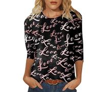 Camiseta casual para mujer, cuello redondo, manga tres cuartos, estampado de San Valentín, camiseta casual azul claro para mujer, gris oscuro, M