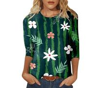 Camiseta casual para mujer, manga tres cuartos, cuello redondo diario, estampado completo, camiseta de manga larga suelta, camiseta sexy para mujer, Verde militar., XL