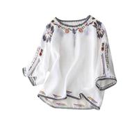 Camiseta casual para mujer y niña, 2024, tops de moda para verano, nuevo bordado étnico de viento, algodón y lino, con hebilla de placa suelta, manga de cuerno, manga de siete puntos, camisa de manga