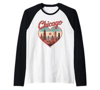 Camiseta Chicago Heart - Vintage USA Chicago Skyline Travel Camiseta Manga Raglan