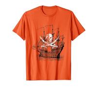 Camiseta clásica de Calavera y Espadas Cruzadas con Barco Pirata Camiseta, Hombre, Naranja, XXL