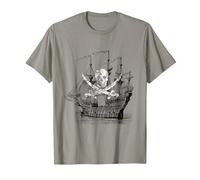 Camiseta clásica de Calavera y Espadas Cruzadas con Barco Pirata Camiseta, Hombre, Pizarra, XXL