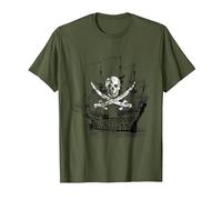 Camiseta clásica de Calavera y Espadas Cruzadas con Barco Pirata Camiseta, Hombre, Verde Oliva, XXL