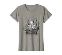 Camiseta clásica de Calavera y Espadas Cruzadas con Barco Pirata Camiseta, Mujer, Pizarra, XXL