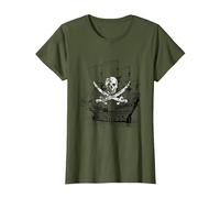 Camiseta clásica de Calavera y Espadas Cruzadas con Barco Pirata Camiseta, Mujer, Verde Oliva, XXL