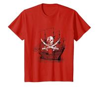 Camiseta clásica de Calavera y Espadas Cruzadas con Barco Pirata Camiseta, Niños, Rojo, 2 años