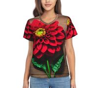 Camiseta clásica de manga corta con cuello en V y estampado de dalia roja, estilo retro, para salidas casuales, Negro -, XXXL