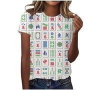 Camiseta clásica versátil de Mahjong de manga corta con cuello redondo para mujer, 2 blues, rojo, L