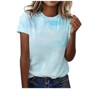 Camiseta clásica versátil de manga corta para mujer con rayas sólidas, estampado de camuflaje leopardo, cuello redondo casual para camisetas, azul claro, M