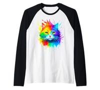 Camiseta Colorida del Arco Iris Splash Art Cat Lover tee para Mujer Camiseta Manga Raglan