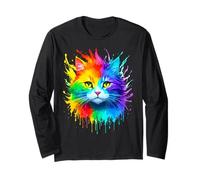 Camiseta Colorida del Arco Iris Splash Art Cat Lover tee para Mujer Manga Larga