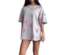 Camiseta cómoda con estampado de amor para mujer con mangas cortas, cuello redondo y ajuste relajado para el uso diario (L, gris claro)