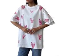 Camiseta cómoda con estampado de amor para mujer con mangas cortas, cuello redondo y ajuste relajado para uso diario (L, blanco)