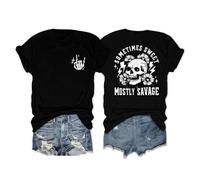 Camiseta con Calavera para Mujer Camiseta con Estampado gráfico y Eslogan «Sometimes Sweet Mostly Savage» Top con Estampado de Mano rockera y Esqueleto Blusa gótica de Manga Corta