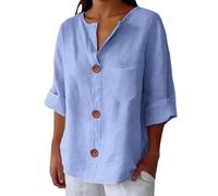 Camiseta con cuello en V para mujer - Blusas de mujer de verano de algodón lino camiseta Button Down cierre frontal Blusa al codo color liso Summer Tops ligeras cómodas blusas versátiles adelgazan la