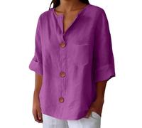 Camiseta con cuello en V para mujer - Blusas de mujer de verano de algodón lino camiseta Button Down cierre frontal Blusa al codo color liso Summer Tops ligeras cómodas blusas versátiles adelgazan la