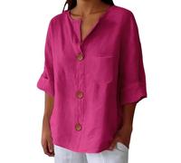 Camiseta con cuello en V para mujer - Blusas de mujer de verano de algodón lino camiseta Button Down cierre frontal Blusa al codo color liso Summer Tops ligeras cómodas blusas versátiles adelgazan la