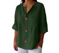 Camiseta con cuello en V para mujer - Blusas de mujer de verano de algodón lino camiseta Button Down cierre frontal Blusa al codo color liso Summer Tops ligeras cómodas blusas versátiles adelgazan la