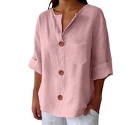 Camiseta con cuello en V para mujer - Blusas de mujer de verano de algodón lino camiseta Button Down cierre frontal Blusa al codo color liso Summer Tops ligeras cómodas blusas versátiles adelgazan la